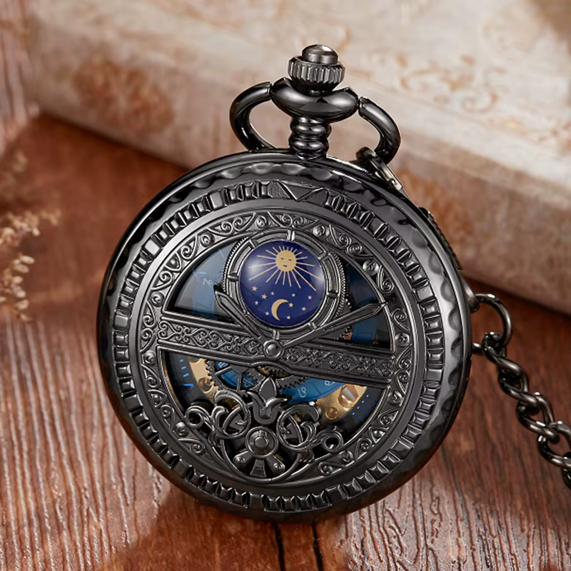 Montre de poche mécanique squelette vintage dorée, boîtier gravé étoiles et lune, cadran ajouré, à r