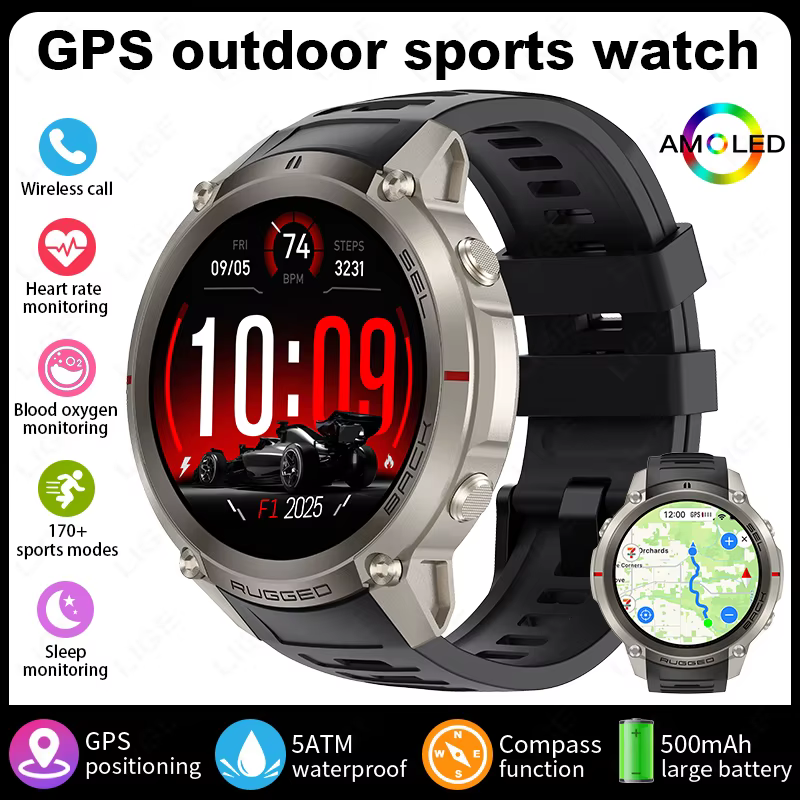 Montre connectée GPS LIGE précise avec écran AMOLED de 1,43'', cartes hors ligne, boussole, altimètr