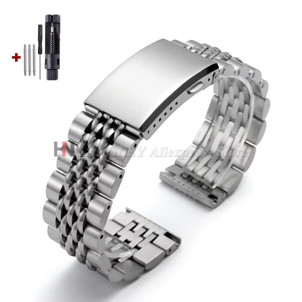 Bracelet de montre en acier inoxydable massif, extrémités droites/courbes, 20 mm 22 mm, maillons à v