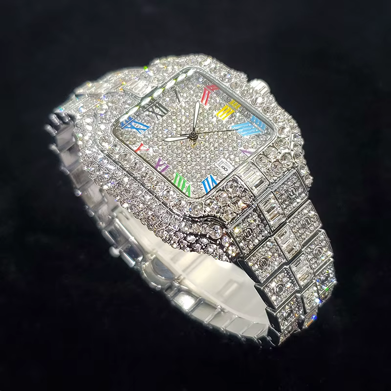 Montre en diamant de luxe pour hommes, montres numérotées colorées carrées glacées, bijoux Hip Hop B