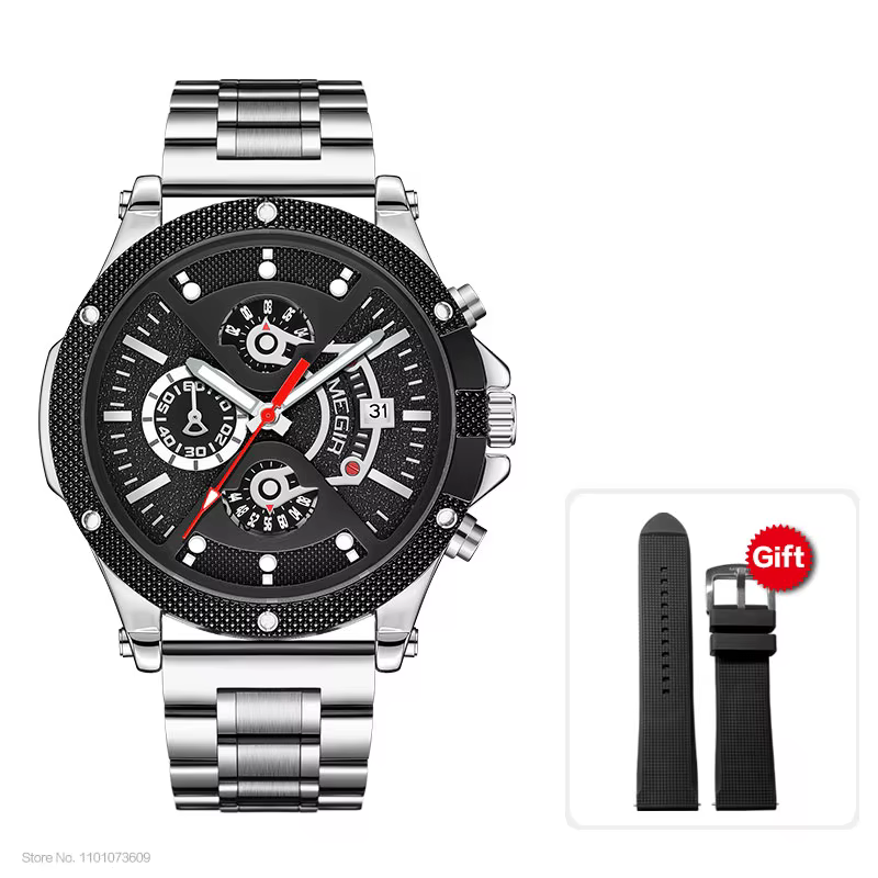MEGIR – montre-bracelet à Quartz analogique en acier inoxydable pour hommes, argent noir, avec chron