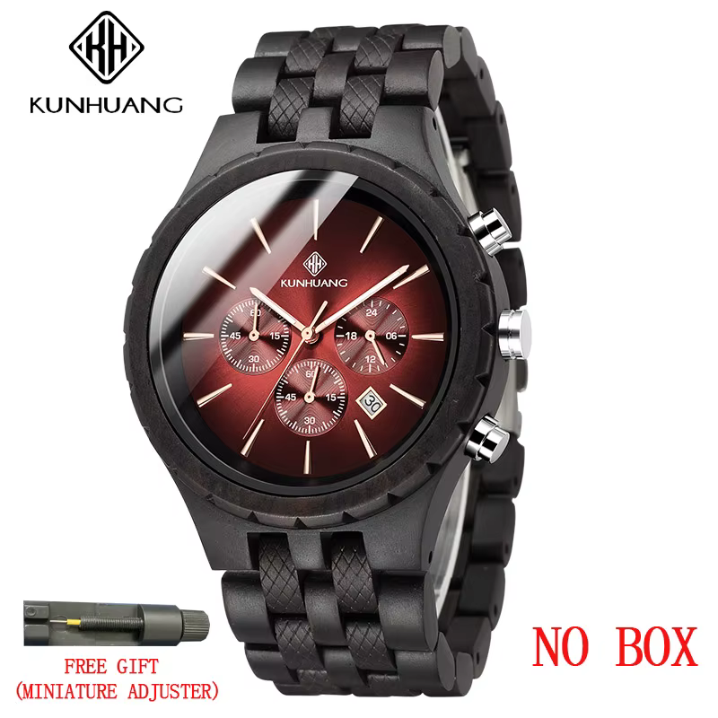 KUNHUANG montre en bois faite à la main cadran multifonction montre à Quartz pour hommes chronograph