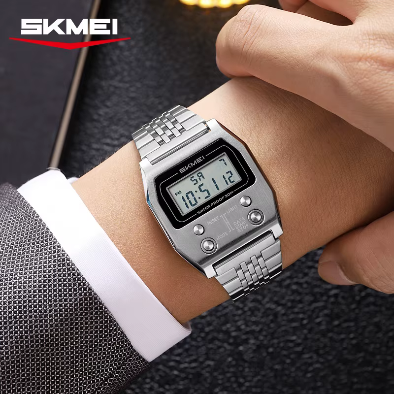SKMEI 2460 montre numérique de sport étanche pour hommes en acier inoxydable de luxe rétro LED révei