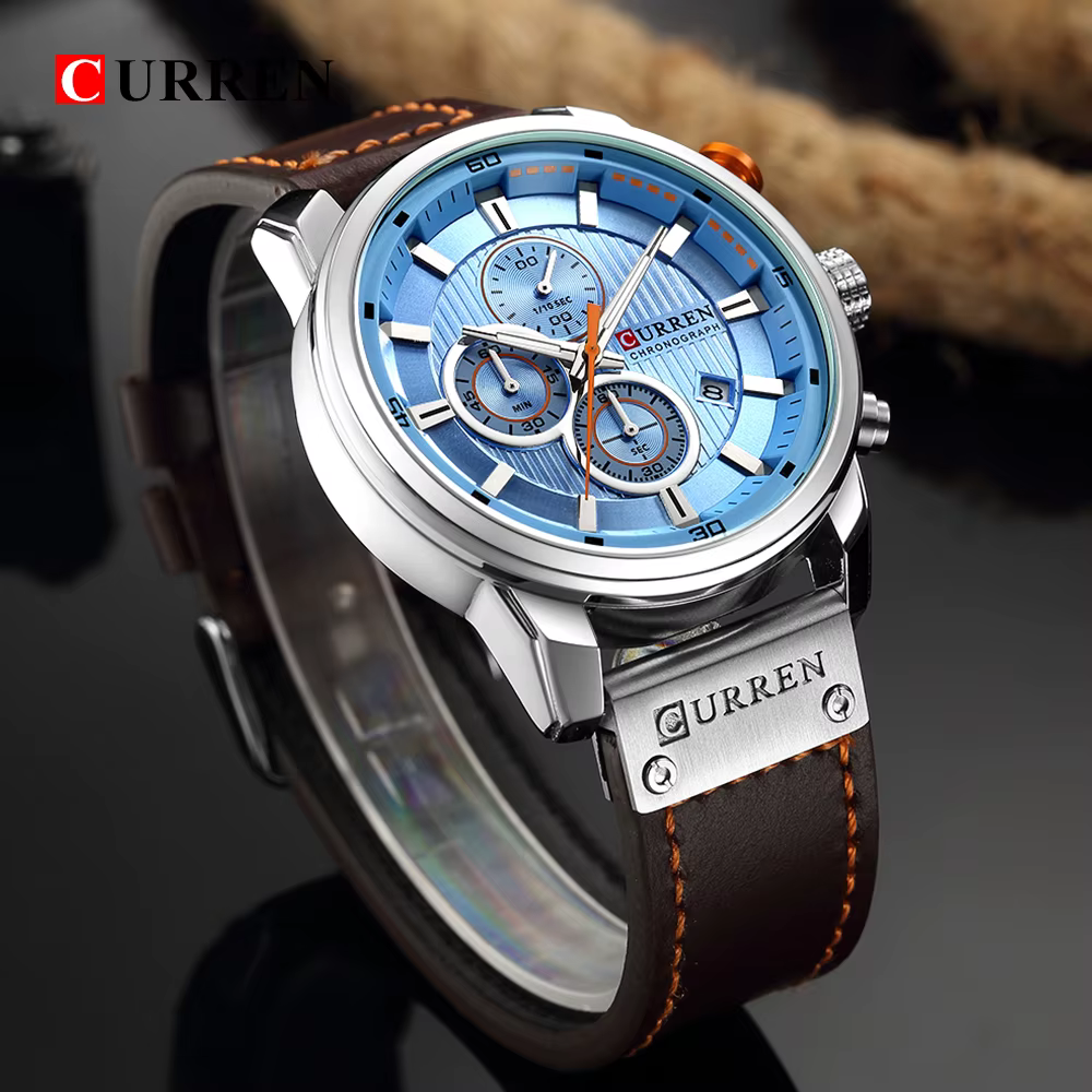 Montre chronographe à quartz pour homme CURREN 8291, montre-bracelet décontractée en cuir, style mil