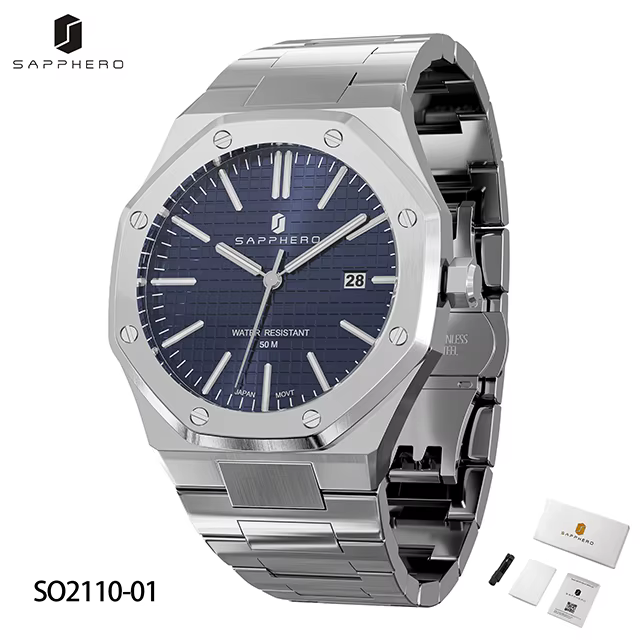 SAPPHERO montre pour hommes, bracelet en acier inoxydable, conception résistante à l'eau, calendrier