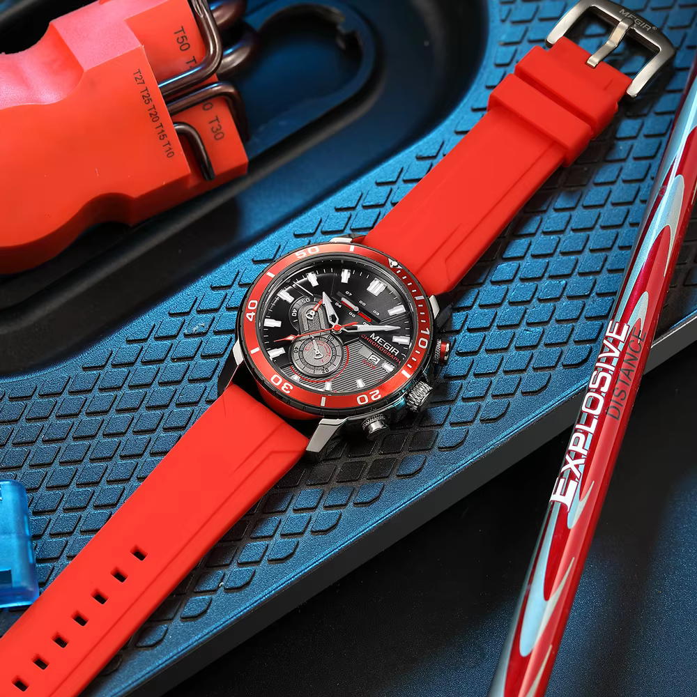 MEGIR-Montre de sport chronographe avec bracelet en silicone orange pour homme, montre-bracelet étan