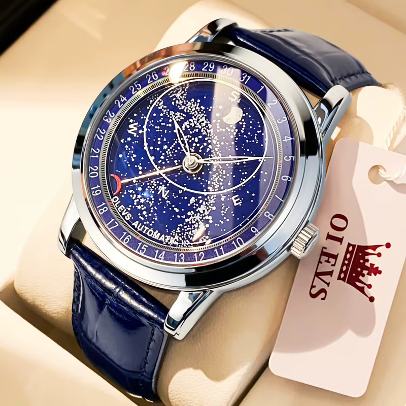 OLEVS 9923 montres pour hommes Phase de lune montre mécanique automatique pour homme en cuir bleu ro
