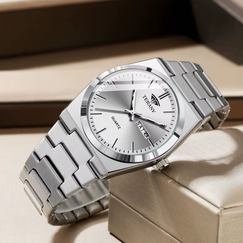 Montre pour hommes, montre à quartz de mode avec calendrier mince en acier inoxydable