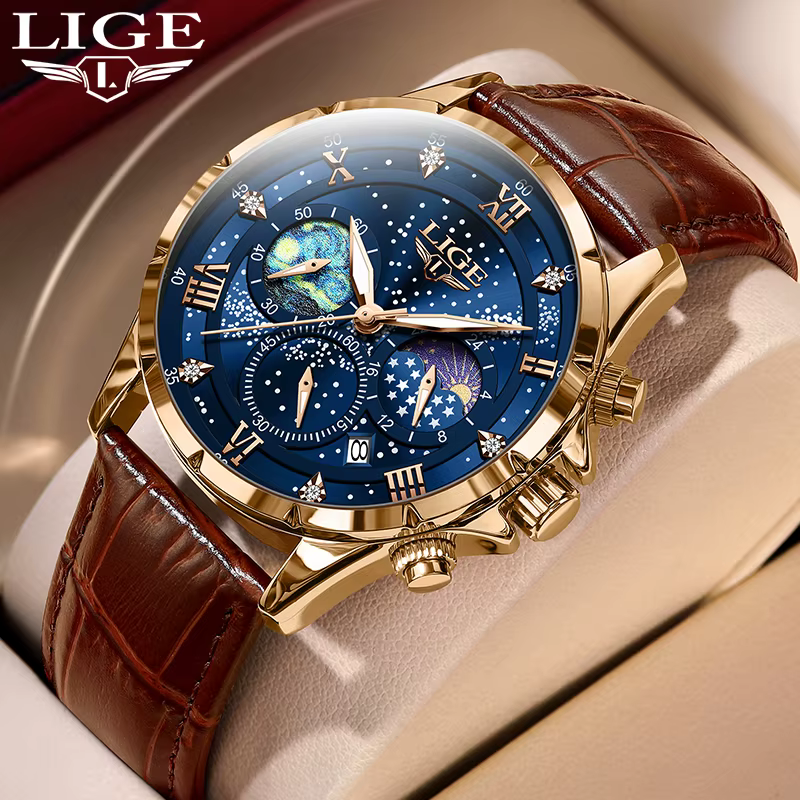 Nouvelles montres LIGE pour hommes, marque haut de gamme, montre à quartz en cuir décontractée, mont