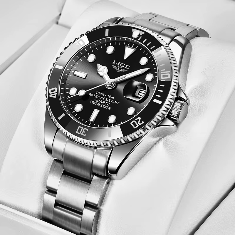 LIGE-Montre de plongée étanche pour homme, montre-bracelet à quartz, horloge de date, montres de spo