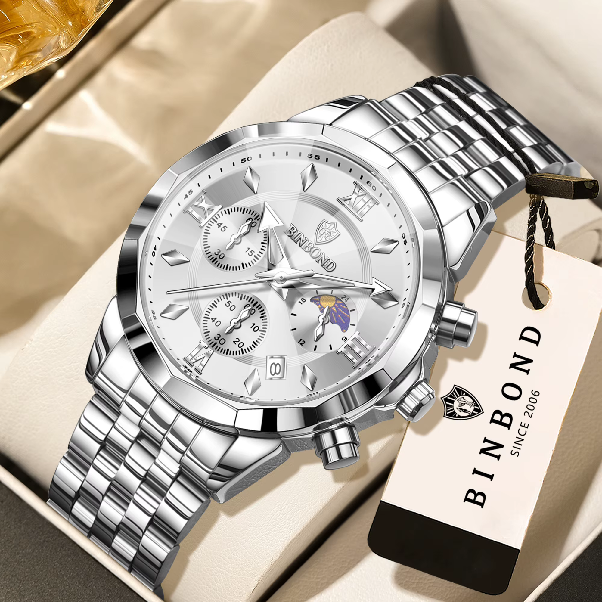 Montre chronographe BINBOND originale pour homme, montre à quartz pour homme, luxe, lumineuse, étanc