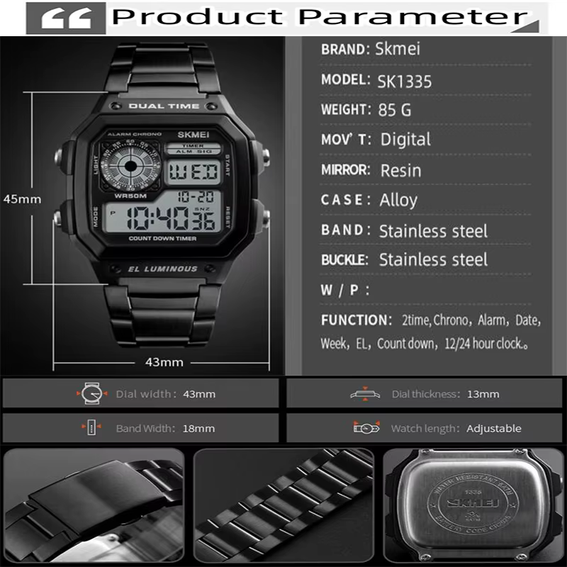 Skmei-Montre-bracelet de sport numérique pour homme, bracelet en acier inoxydable, chronographe LED,