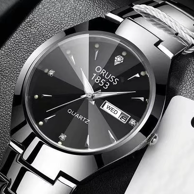 ORUSS-Montre de couple étanche pour hommes et femmes, quartz, acier inoxydable, date, semaine, horlo