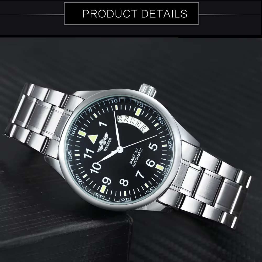 Montre automatique WINNER pour homme, fenêtre de calendrier, cadran noir tendance, bracelet en cuir