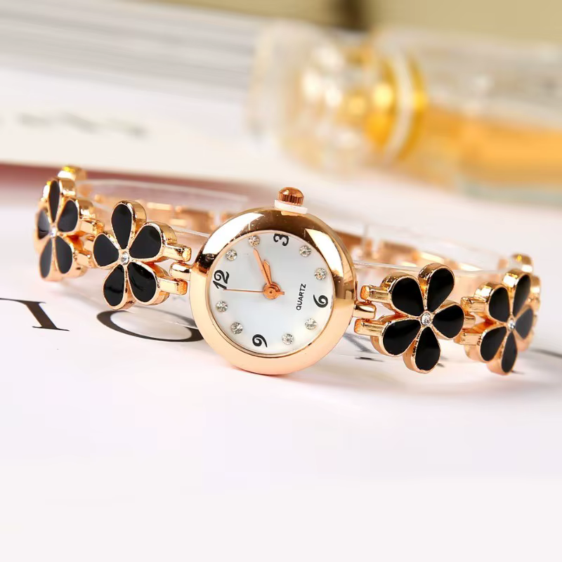 Montre à quartz élégante pour femme : design floral noir et rose - Idée cadeau parfaite pour toutes