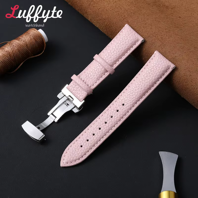 Bracelet de montre en cuir motif litchi, style professionnel, 18mm 20mm 22mm, boucle papillon, noir,