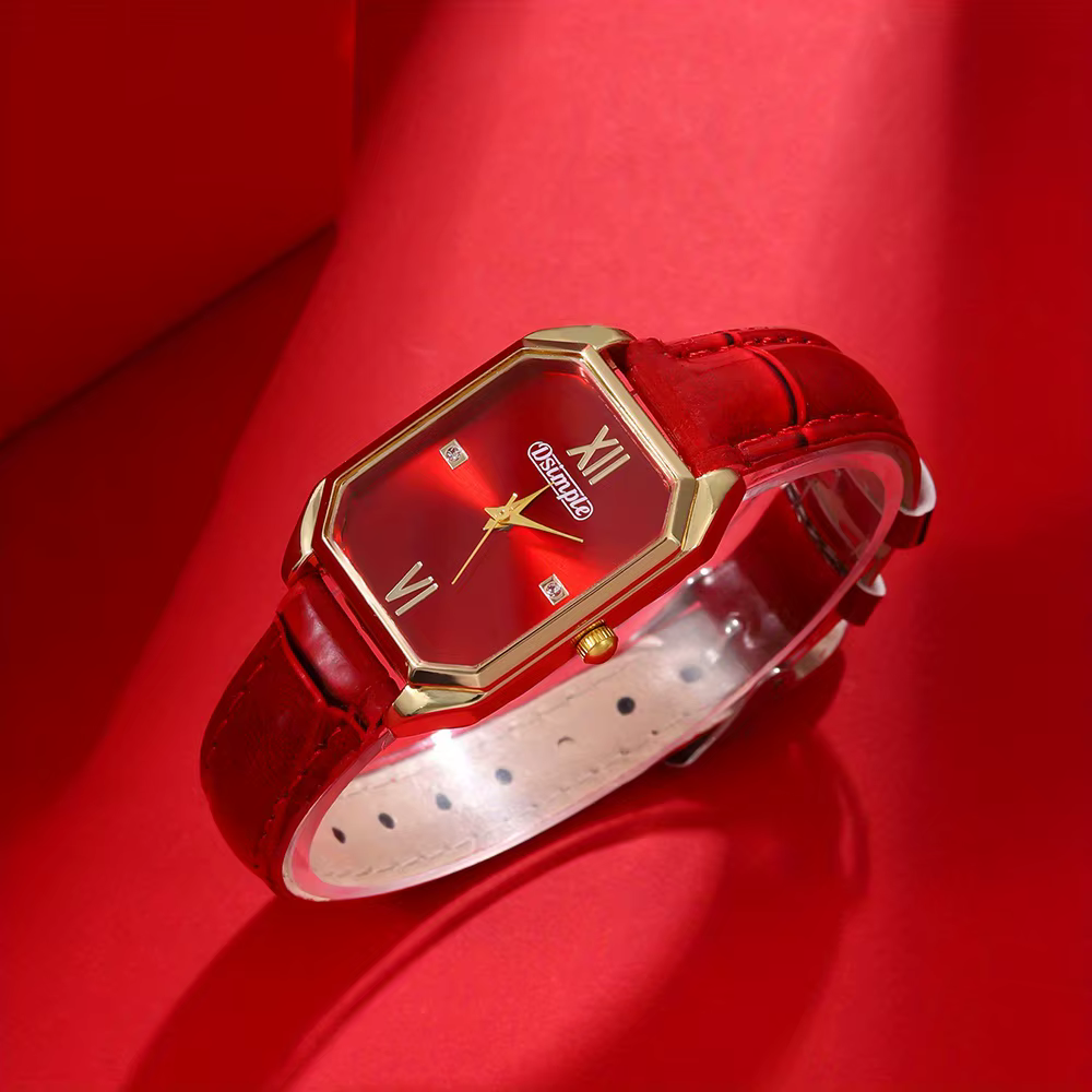 Montres de luxe pour femmes, montre à Quartz élégante, analogique, en cuir PU rouge, cadran carré de