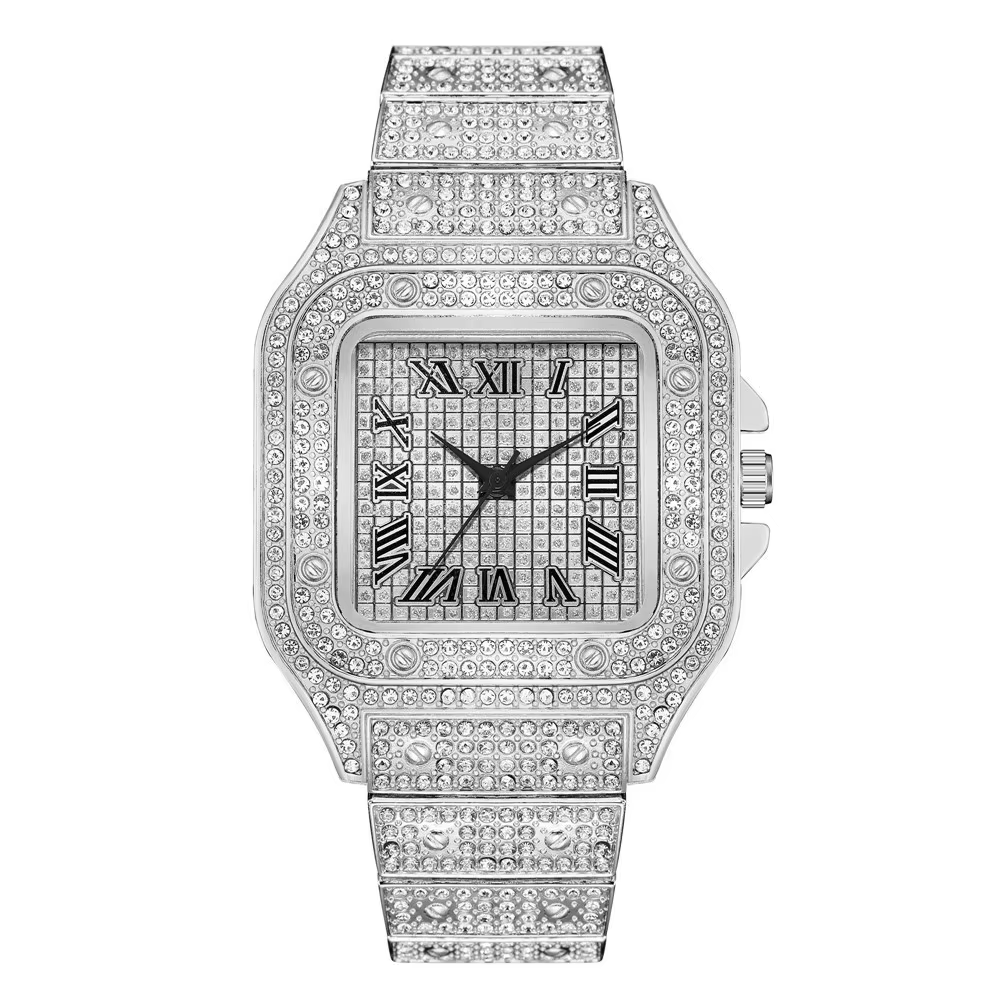 Montres de luxe carrées pour hommes, bracelet en acier, cadran romain, montre à Quartz avec strass, 