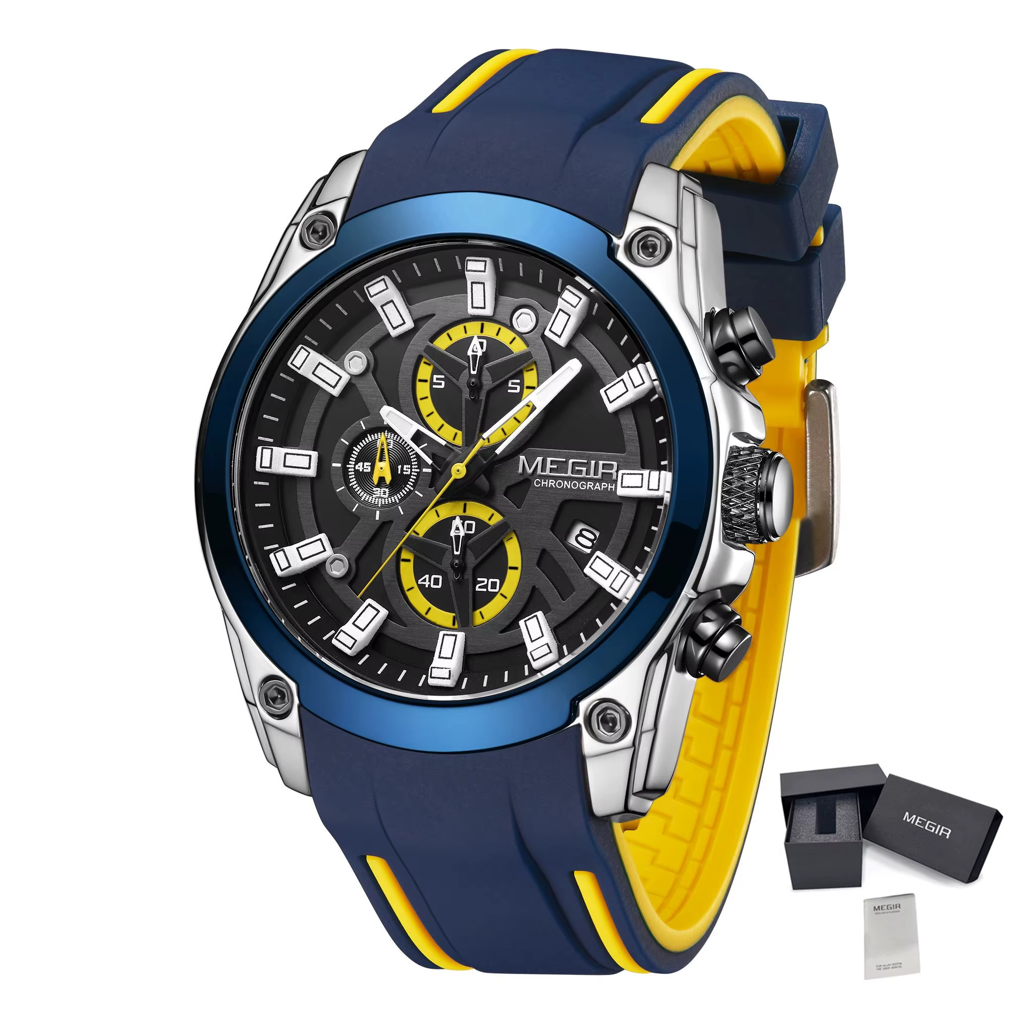 Montre de sport de luxe MEGIR Chronograph pour homme, bracelet en silicone, étanche, grand cadran, a