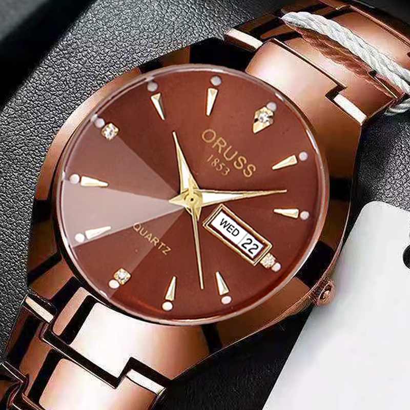 ORUSS-Montre de couple étanche pour hommes et femmes, quartz, acier inoxydable, date, semaine, horlo