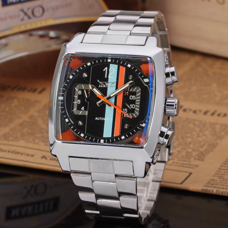 JARAGAR-Montre carrée multifonctionnelle pour homme, automatique, acier inoxydable, vintage, mécaniq