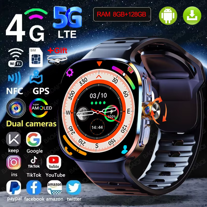 Montre connectée 5G/4G, 2.40 pouces, AMOLED, caméra 900W, 8 go + 128 go de RAM, batterie 2100mah, GP