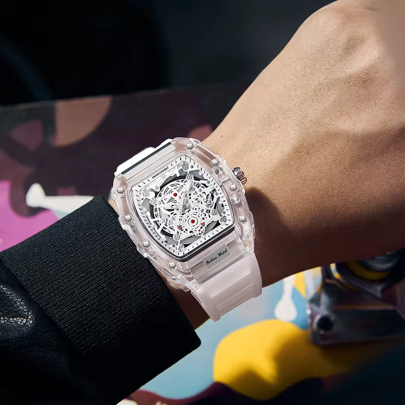 UTHAI BK134 montre à la mode pour hommes en forme de baril montre à quartz étanche transparente horl