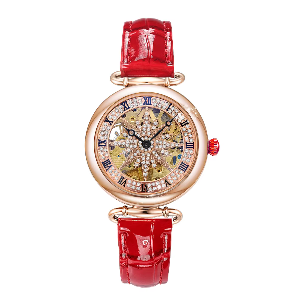Montre mécanique automatique pour femme, squelette en or rose ajouré, acier inoxydable, montre-brace