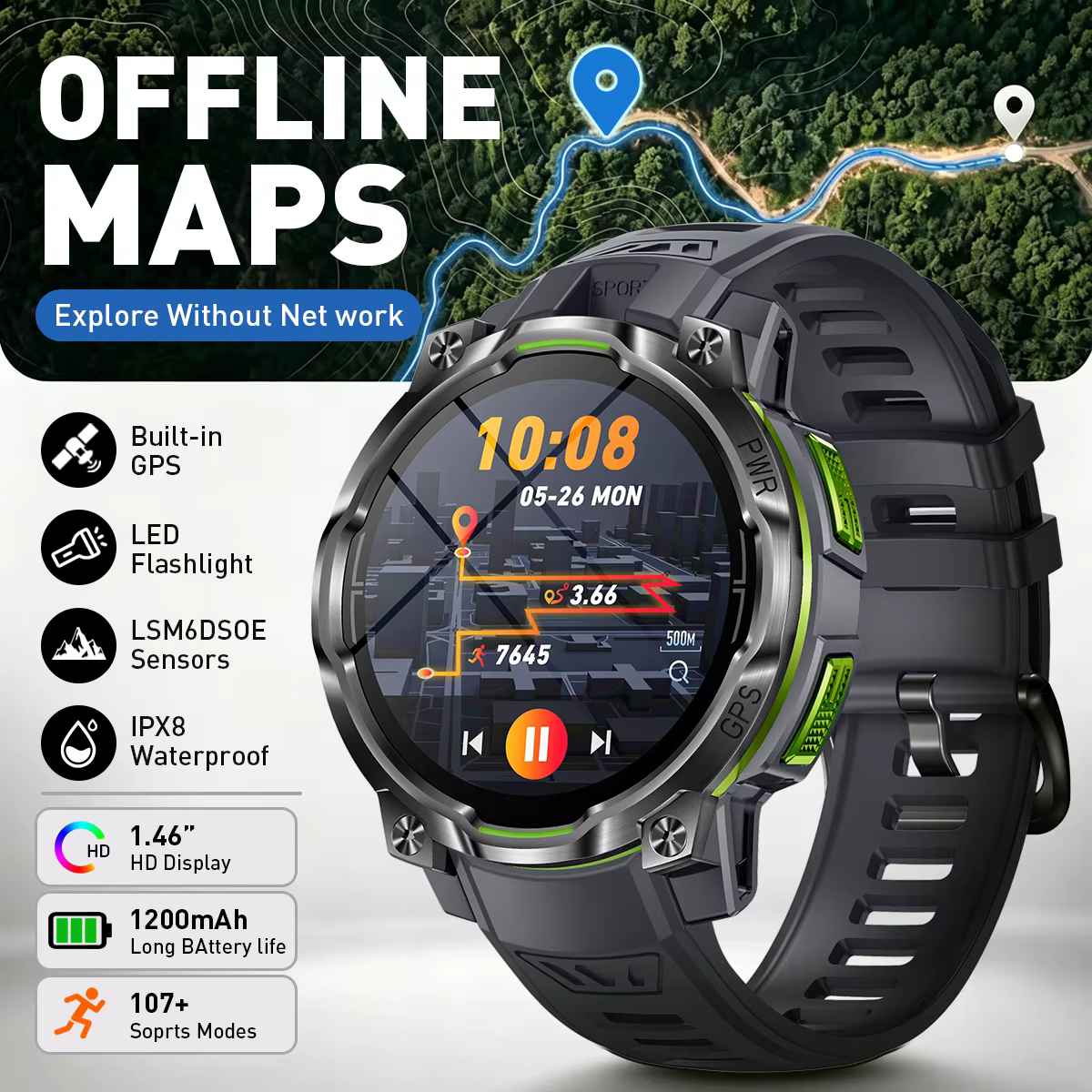 Montre de navigation intelligente avec carte GPS 2026, batterie 1200 mAh, boussole intégrée, ChatGPT