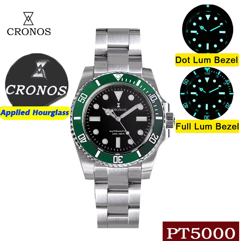 Cronos Sub Diving Montre mécanique automatique pour homme sans date PT5000 Bracelet brossé Lunette e