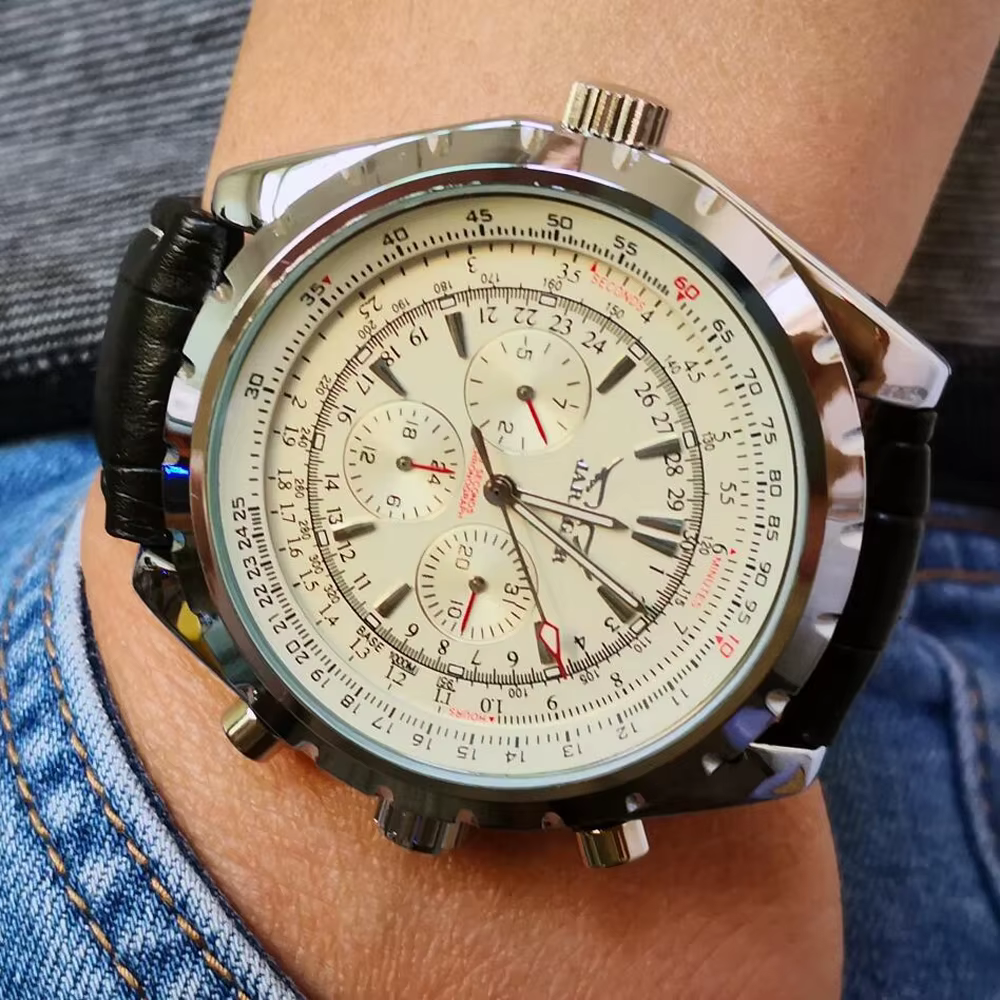 JARAGAR-Montre mécanique automatique pour homme, bracelet en cuir, marque de luxe