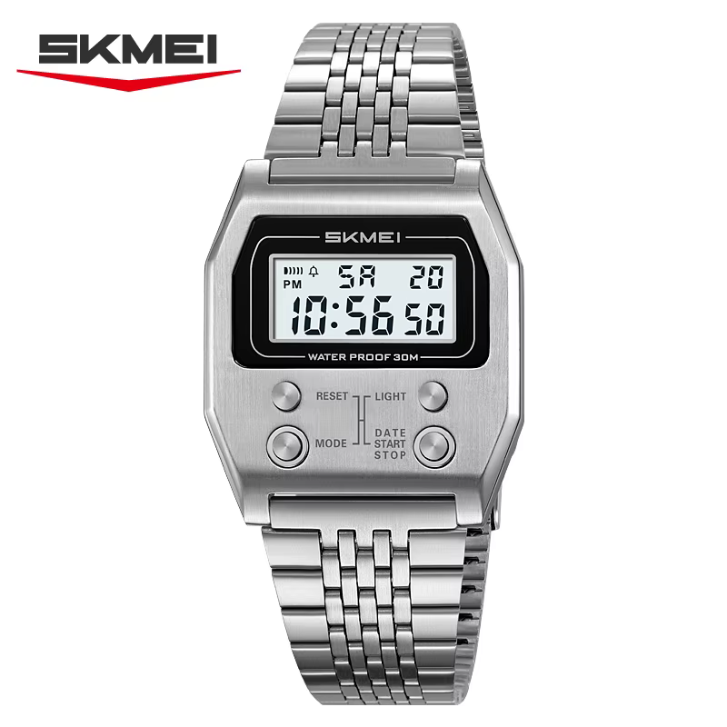 SKMEI 2460 hommes montres en acier inoxydable Sport luxe rétro LED électronique étanche montre numér