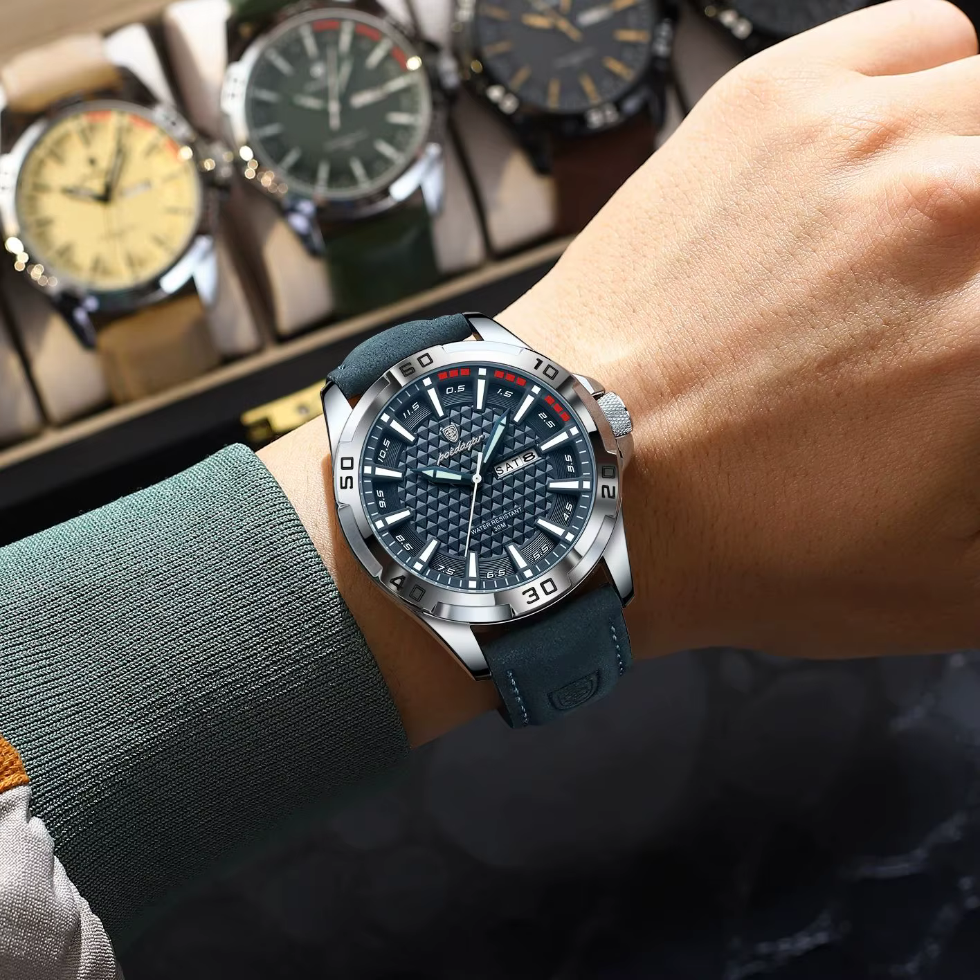 POEDAGAR Original hommes montre de luxe étanche lumineux Date semaine montre pour homme Quartz cuir 