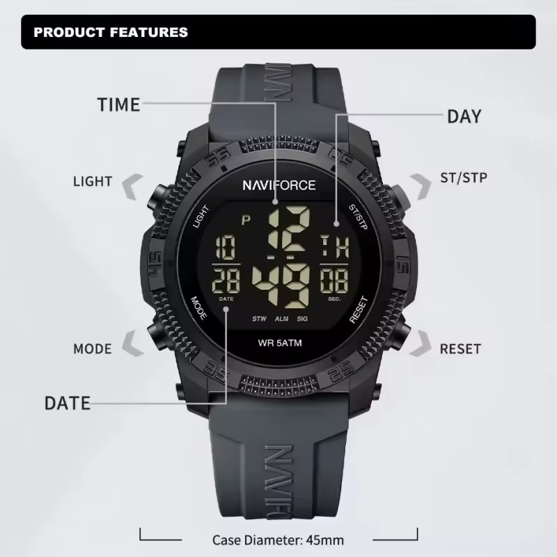 NAVIFORCE 7104 sport hommes LCD numérique loisirs Date semaine réveil étanche bracelet en Silicone m