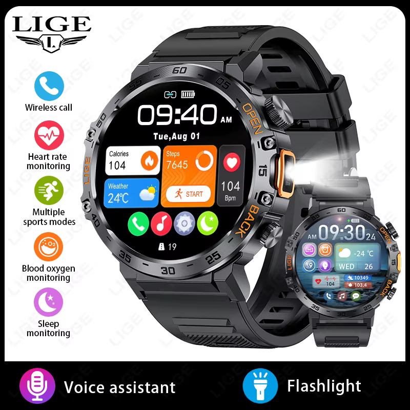 LIGE 2024 montre intelligente hommes 360*360 AMOLED HD écran étanche Sport Fitness montres lampe de 