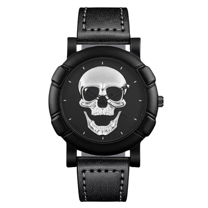 Montre-bracelet à quartz en cuir pour homme, montres tête de mort 3D personnalisées, sport militaire