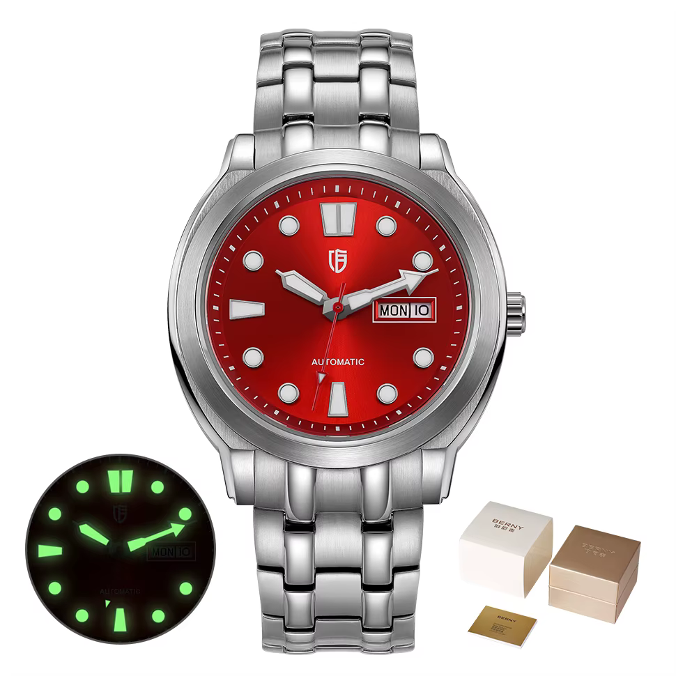 Montre mécanique automatique BERNY pour homme TMI 8205, lumineuse, en or, avec affichage du jour, ve