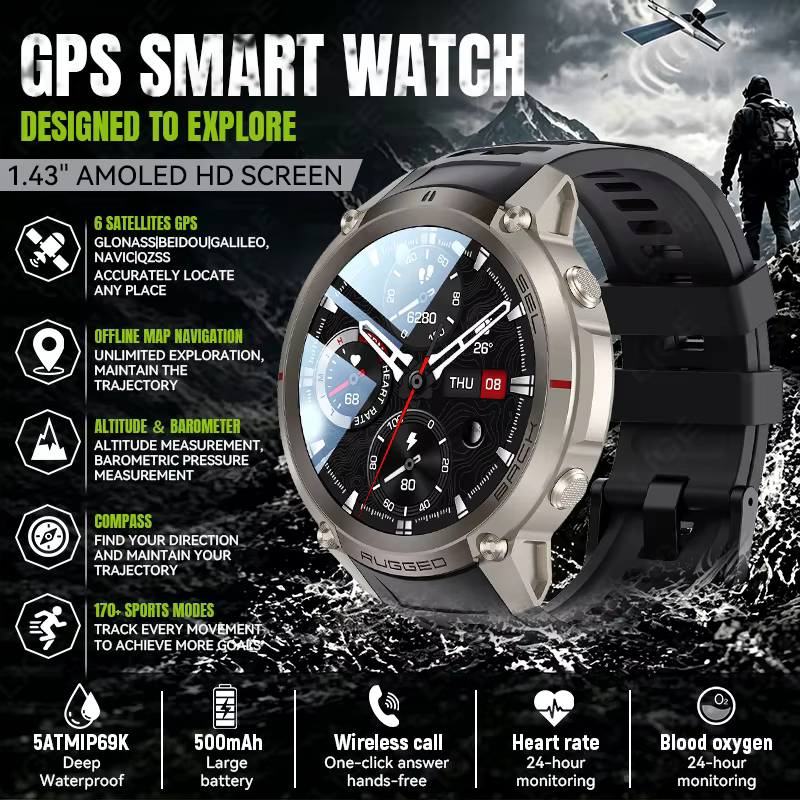 Montre connectée GPS avec carte hors ligne, étanche 5ATM, batterie 500mAh, boussole, altimètre, mili