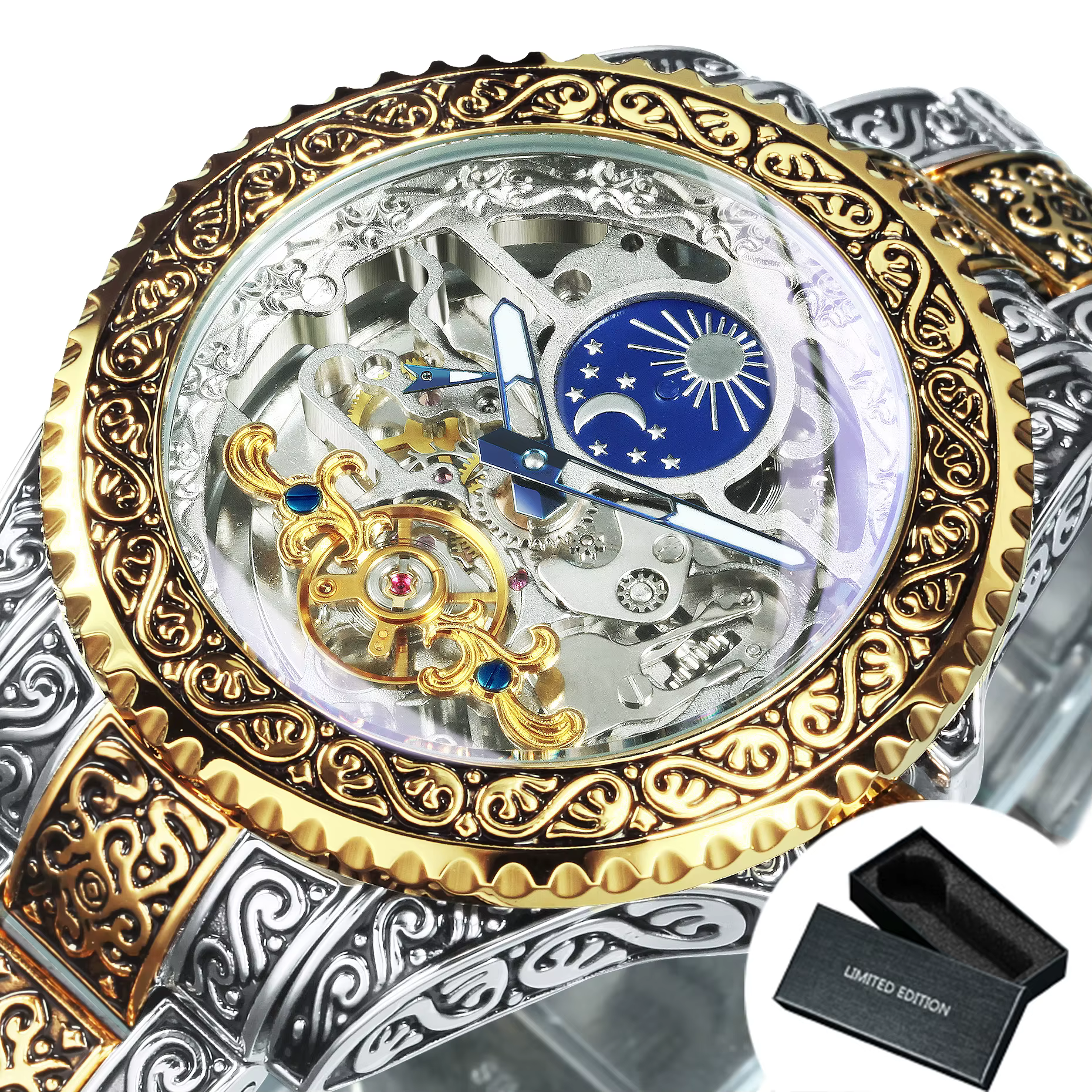 Montres mécaniques squelette en or de luxe Forsining, phase lunaire, gravure rétro, tourbillon lumin