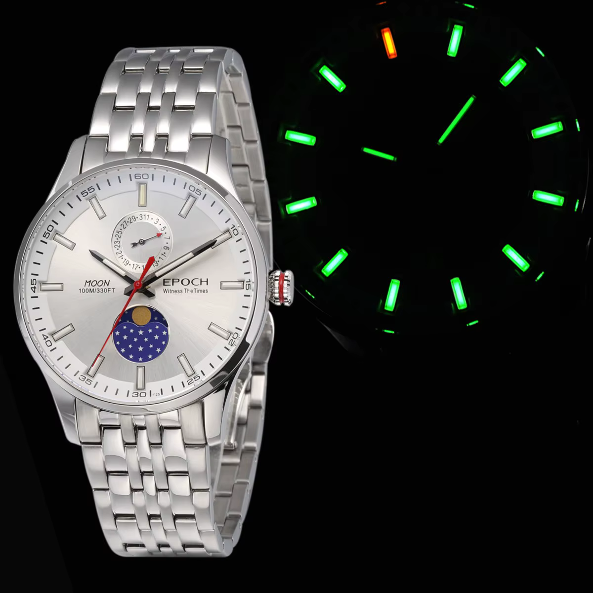 EPOCH hommes montre à Quartz lumineux suisse Ronda mouvement Phase de lune WR100M saphir montre mili