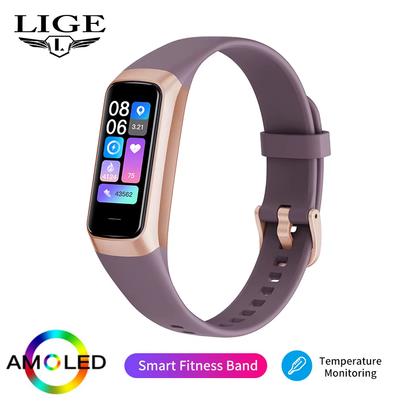 LIGE 1.1 pouces Amoled moniteur de fréquence cardiaque Bracelet intelligent Bracelet mince montre in