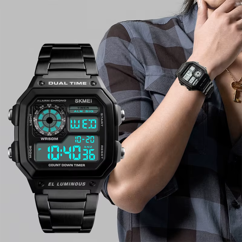 Skmei-Montre-bracelet de sport numérique pour homme, bracelet en acier inoxydable, chronographe LED,