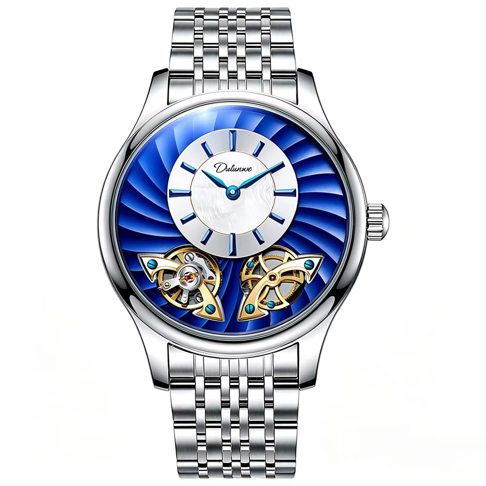 Montre pour homme avec double tourbillon rotatif bleu, montre mécanique automatique en acier inoxyda