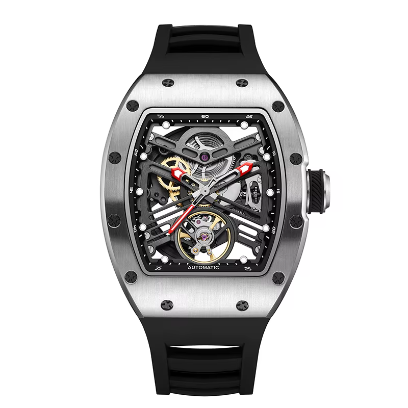 Montre mécanique automatique pour hommes, design creux guerrier noir, bracelet en caoutchouc étanche