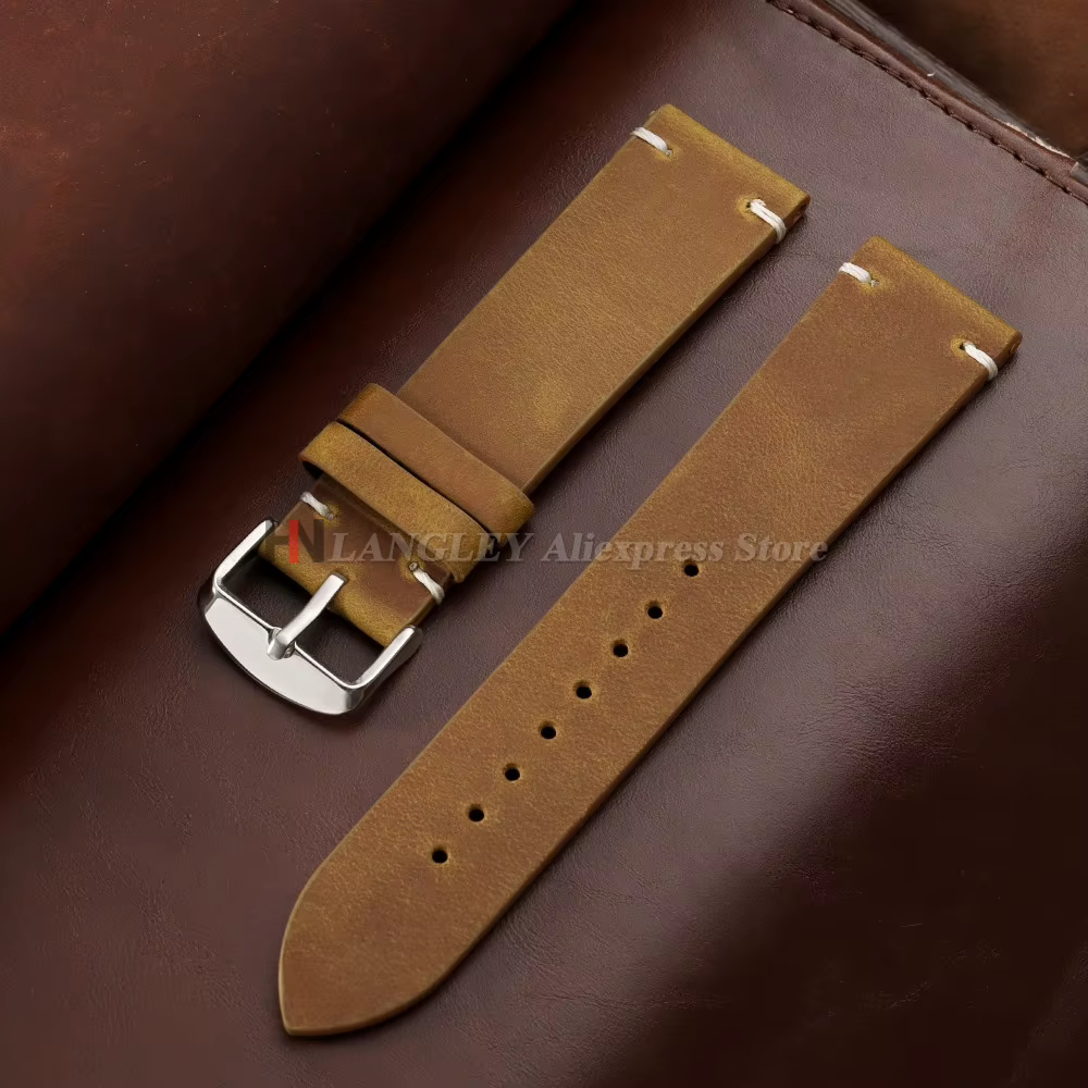 Bracelet de montre vintage en cuir de vachette ciré, cousu à la main, pour Omega, Seiko, montre conn