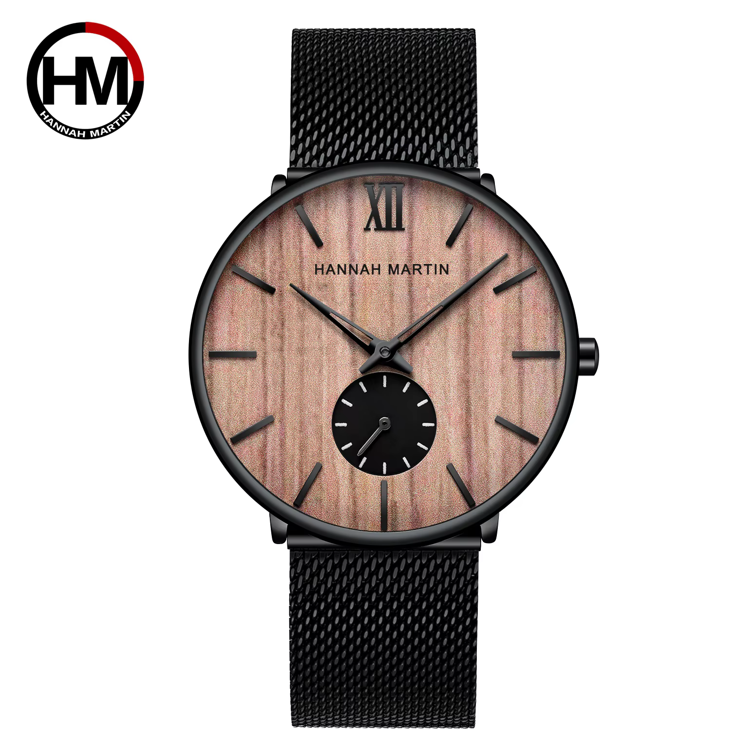 Hannah Martin-Montre-bracelet en acier inoxydable pour homme, bracelet en maille, cadran en bois, no