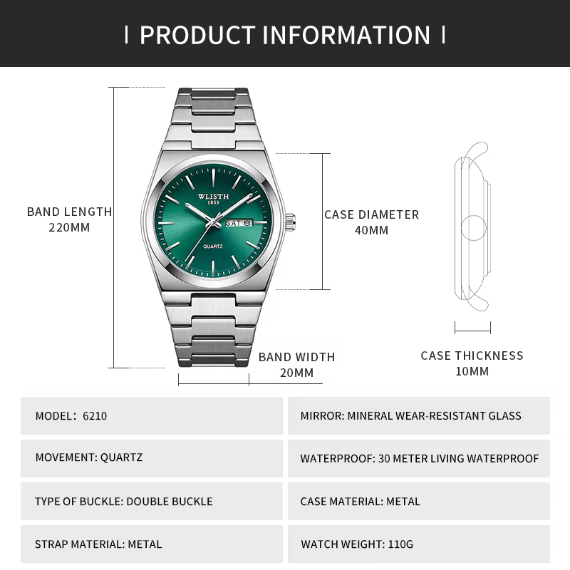 Homme montre montre à Quartz de luxe étanche lumineux Date semaine en acier inoxydable montre pour h
