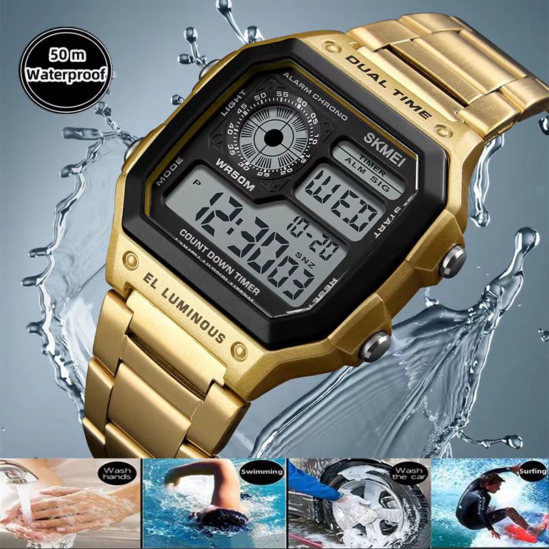 Skmei-Montre-bracelet de sport numérique pour homme, bracelet en acier inoxydable, chronographe LED,
