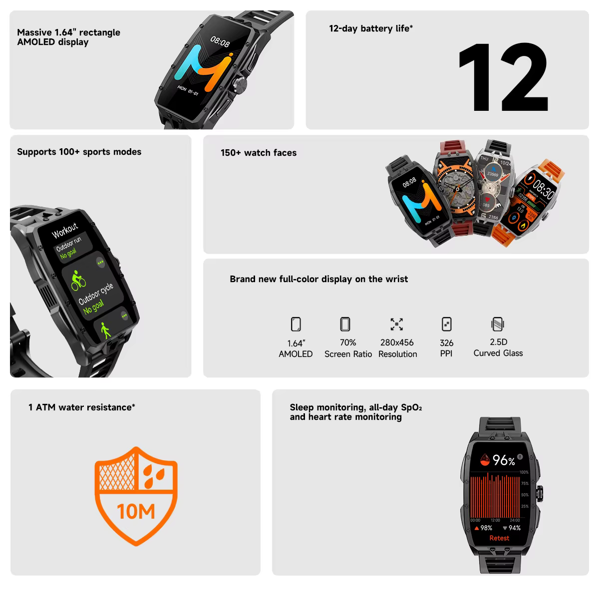 IMIKI montre intelligente 1.64 ''HD AMOLED affichage Bluetooth appels téléphoniques 1 ATM étanche 10