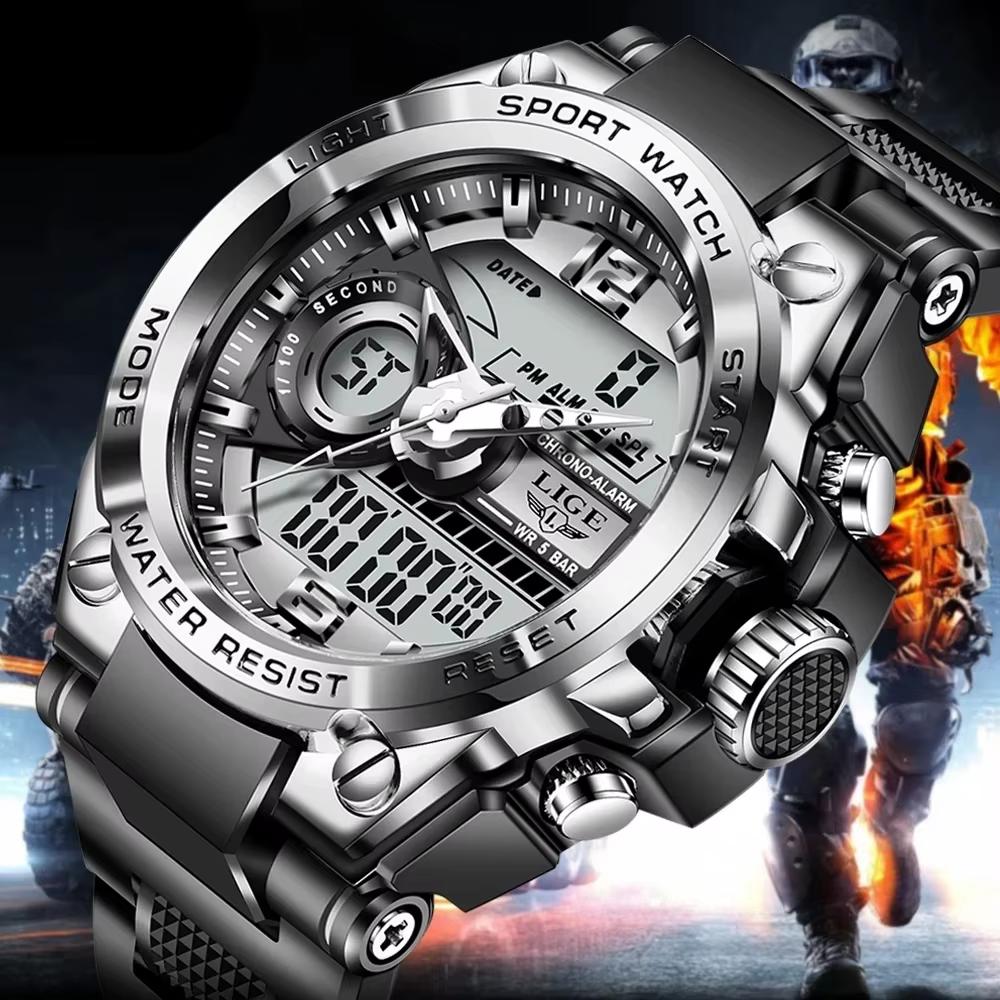 LIGE numérique hommes montre militaire 50m étanche montre-bracelet LED Quartz horloge Sport montre m